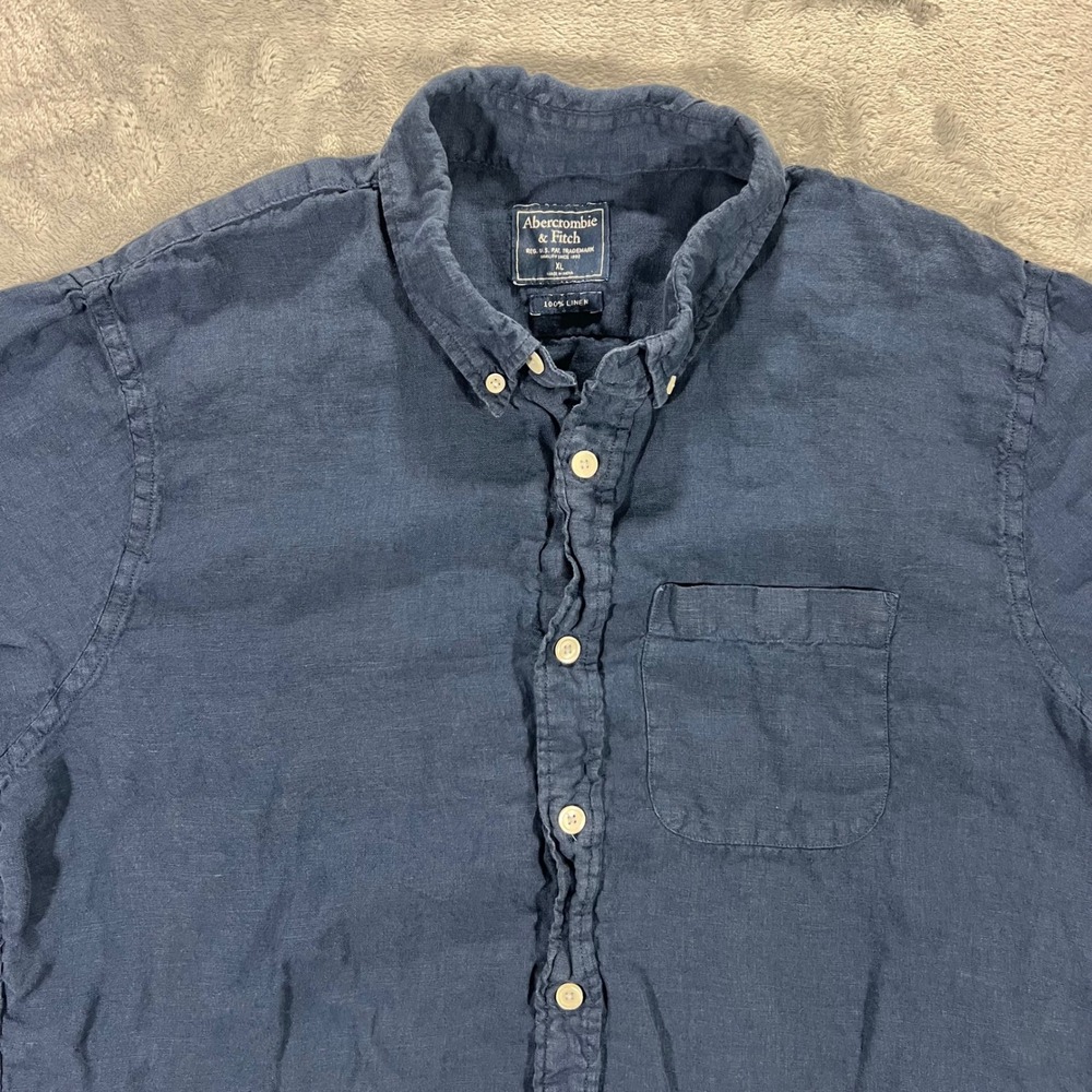Abercrombie & Fitch Button Down Men XL Navy Blue Good 100 Linen Short Sleeve